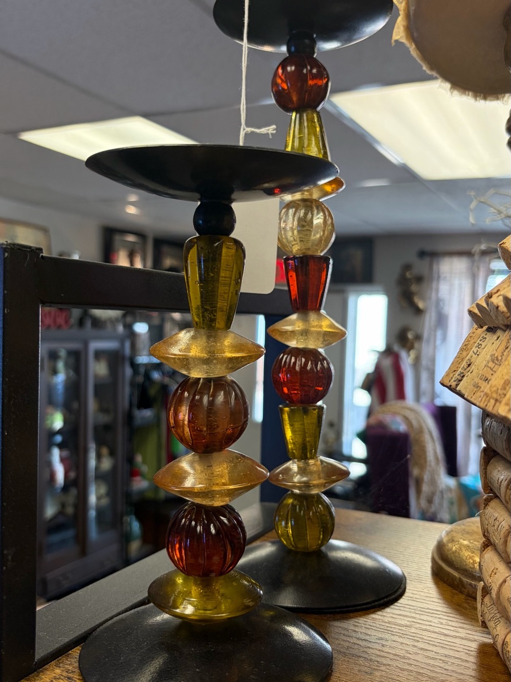 Glass Bead Candle Holders - Amber & Olive Pair